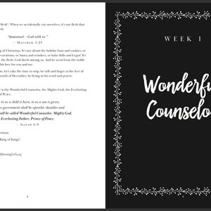 Op de afbeelding: Een zwart-witte printbare pagina met een decoratieve rand en de tekst "Week 1 Geweldige Adviseur". De tekst is in een cursief schrift. De pagina maakt deel uit van een printbare devotie voor de kerstperiode.