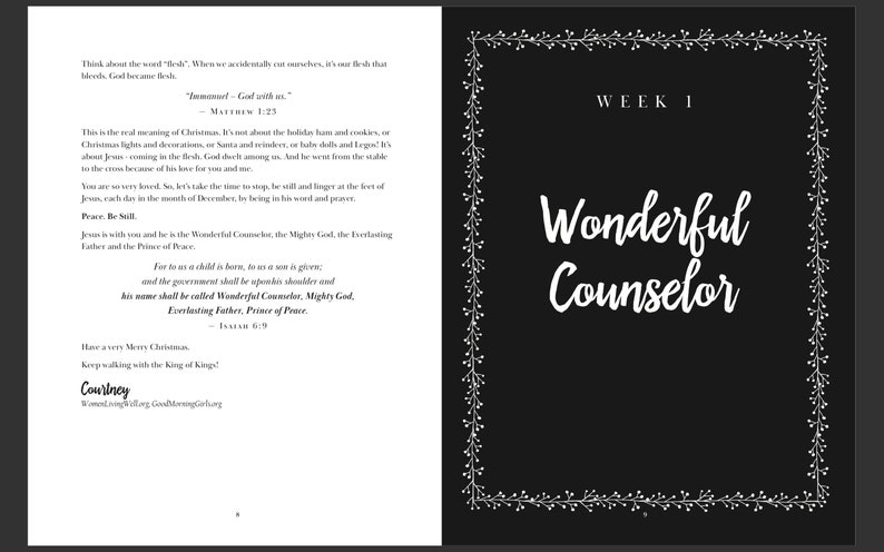 Op de afbeelding: Een zwart-witte printbare pagina met een decoratieve rand en de tekst "Week 1 Geweldige Adviseur". De tekst is in een cursief schrift. De pagina maakt deel uit van een printbare devotie voor de kerstperiode.