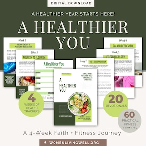 Może przedstawiać: Grafika do pobrania cyfrowego z tekstem "A Healthier You" i "A 4-Week Faith + Fitness Journey". Obraz zawiera okładkę książki, trackery zdrowia i podpowiedzi fitness. Schemat kolorów to zieleń i biel.
