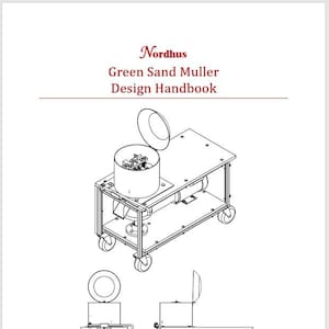 以下が含まれることがあります： 緑砂ミューラーマシンの白黒線画。マシンは大きな混合ボウル、モーター、車輪のセットを備えています。マシンは、鋳造用の砂やその他の材料を混合するために使用されます。