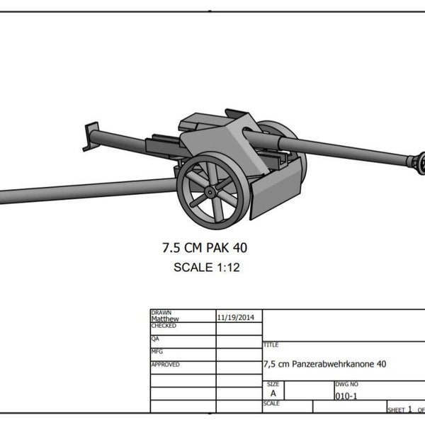 Modèle réduit PAK 40 Dessins de canon antichar et CAO pour la fabrication ou l’impression 3D