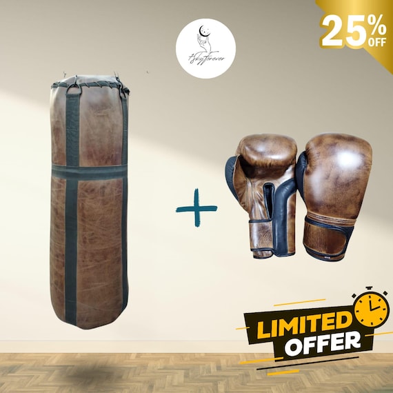 Vintage Style Leather Punching Bag With Boxing Gloves, Handmade