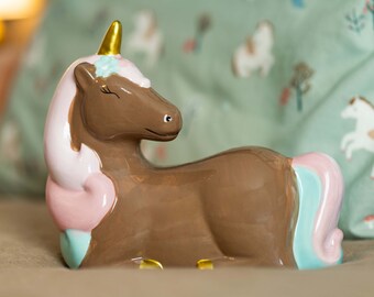 Brown Unicorn Piggy Banks for girls personalized, ceramic piggy bank for kids