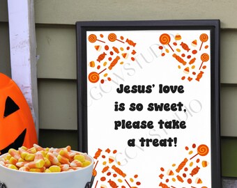 Jezus' liefde is zo zoet, neem een traktatie-trick or treat-snoepschaalbord. Bord Christelijke kist- of traktatiesnoep, evangelisatieflyer