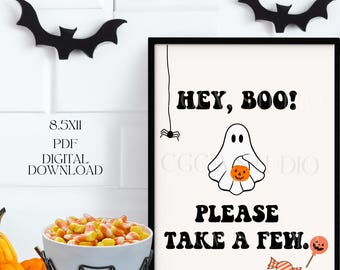 Letrero de cuenco de dulces de Halloween, Letrero "Oye, cariño, por favor toma dos", Letrero de puerta "Dulce o truco", Letrero "No estamos en casa", Letrero de fantasma adorable sosteniendo una calabaza