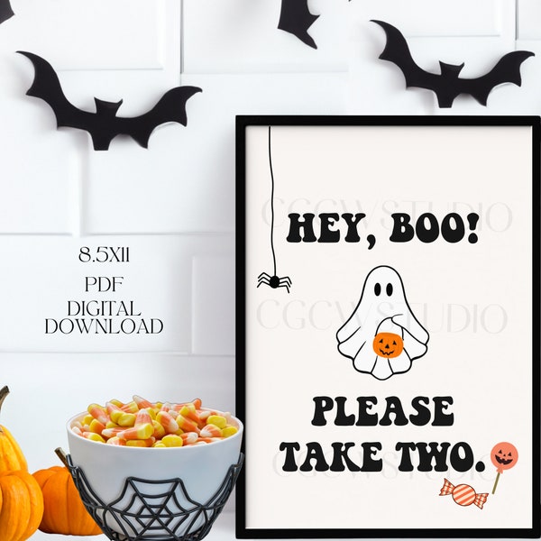 Halloween candy bowl sign, Hey boo please take two sign, Trick or treating door sign, We're not home sign, Cute ghost holding pumpkin sign