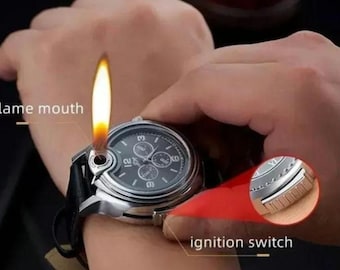 May include: A silver watch with a black face and a lighter built into the side. The lighter has a flame coming out of the side. The watch has a black leather band. The text "ignition switch" is written on the image.