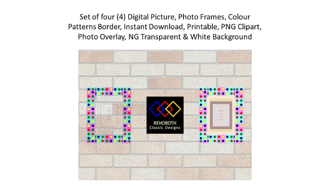 Set of 4 Digital Photo Frames, Color Pattern Border, Download and Print, PNG, Fits 5 X 7, 6 X 8