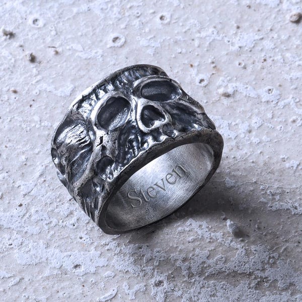 Bague en argent sterling avec gravure tête de mort, bague de mariage gothique personnalisée avec squelette, visage pour homme
