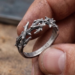 Oxidized Silver Crown of Thorns Ring, Engraved Bible Verse Band, Religious Statement Jewelry Gift for Men Women, Custom Christian Ring