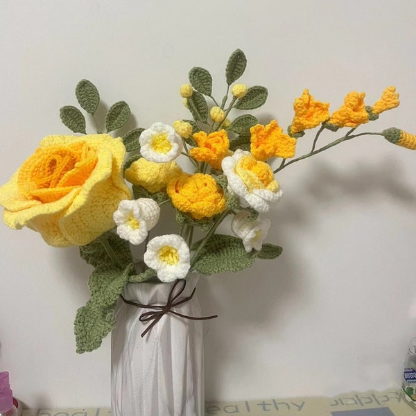 Crochet bouquet,Yellow rose flower decoration,Handmade flowers,crochet with love,Handmade knit flower,Home decoration,House warming gift