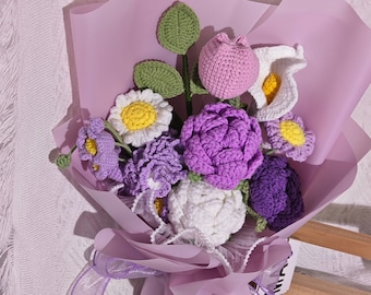 Crochet Flowers Bouquet Handmade,purple bouquet,Rose,Tulip Anniversary,Birthday,girlfriend,mother long  forever gift,Valentine's Day Gift