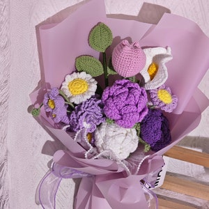 Crochet Flowers Bouquet Handmade,purple bouquet,Rose,Tulip Anniversary,Birthday,girlfriend,mother long  forever gift,Valentine's Day Gift