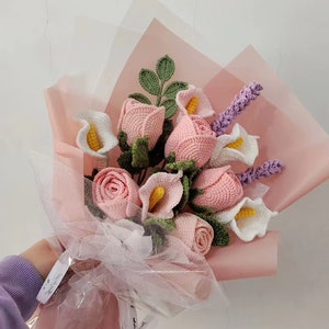 Finished Crochet Rose,Handmade Knitted Flowers,Crochet Flower Bouquet,Valentine&#39;s Day Gift,Eclectic Home Decor,Gift For Her,pink rose flower