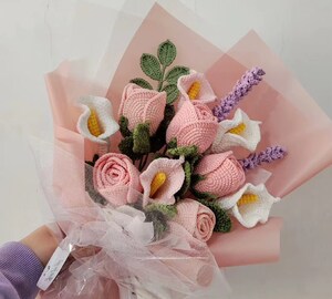 Bouquet De Fleurs Au Crochet Fait Main - Roses Réalistes Avec Carte - Décoration Maison Ou Cadeau Romantique