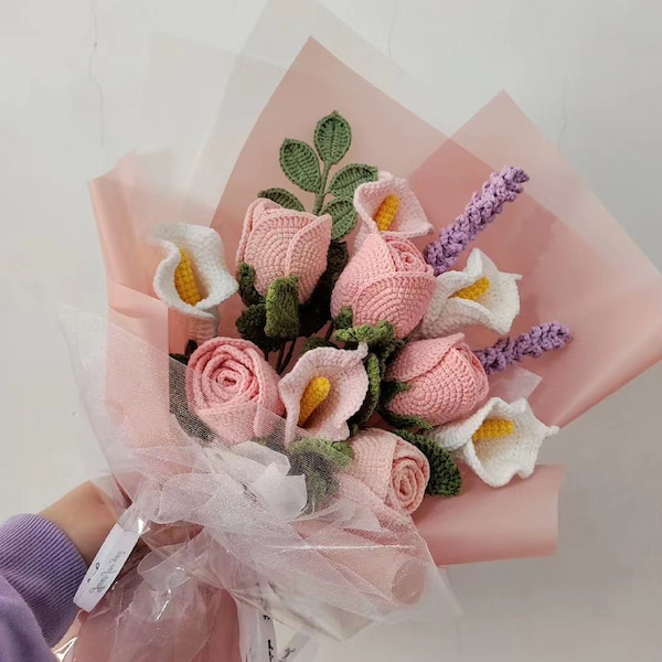 Rose au crochet finie, Fleurs tricotées à la main, Bouquet de fleurs au crochet, Cadeau pour la Saint-Valentin, Décoration d'intérieur éclectique, Cadeau pour elle, Fleur rose rose