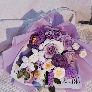 knitted mix bouquet,tulip lily lavender bouquet,crochet purple rose bouquet,crochet flower,valentine's day gift,gifts for her,wedding gift, image 4
