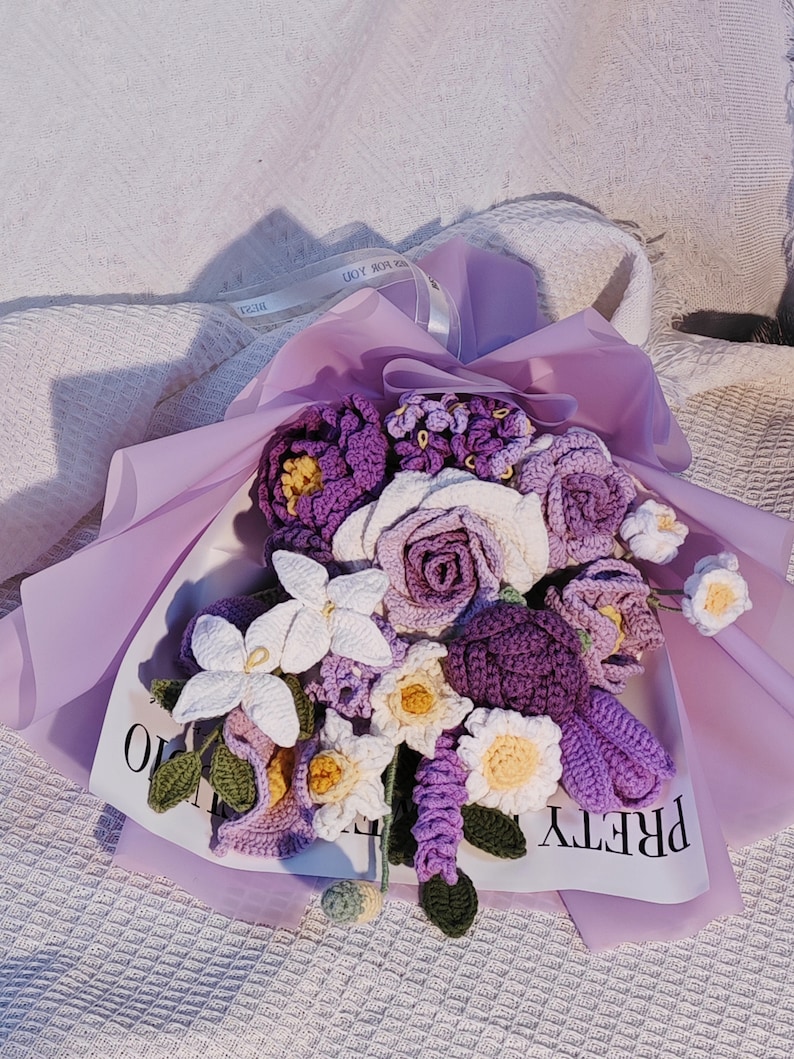 knitted mix bouquet,tulip lily lavender bouquet,crochet purple rose bouquet,crochet flower,valentine's day gift,gifts for her,wedding gift, image 4