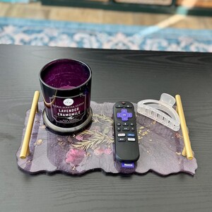 Floral Resin Tray with Gold Handles: Handmade Purple Decor