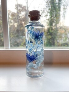 6&quot; Mixed Floral Herbarium, Glass Bottle, Blue, Frozen Party, Nigella, Caspia, Flax, Crispum, Preserved Flower Bouquet, Unique Decor