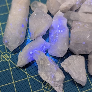 May include: A collection of raw, translucent quartz crystals, some with a blue glow, are scattered on a blue grid surface. The crystals vary in size and shape, with some appearing elongated and others more chunky. The blue light adds a striking contrast to the white quartz.