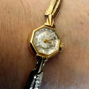 Bulova 14K Gold Case, Vintage 1960&#39;s Swiss 17 Jewels Wrist Watch, Octagonal Faceted Crystal, GF Bracelet