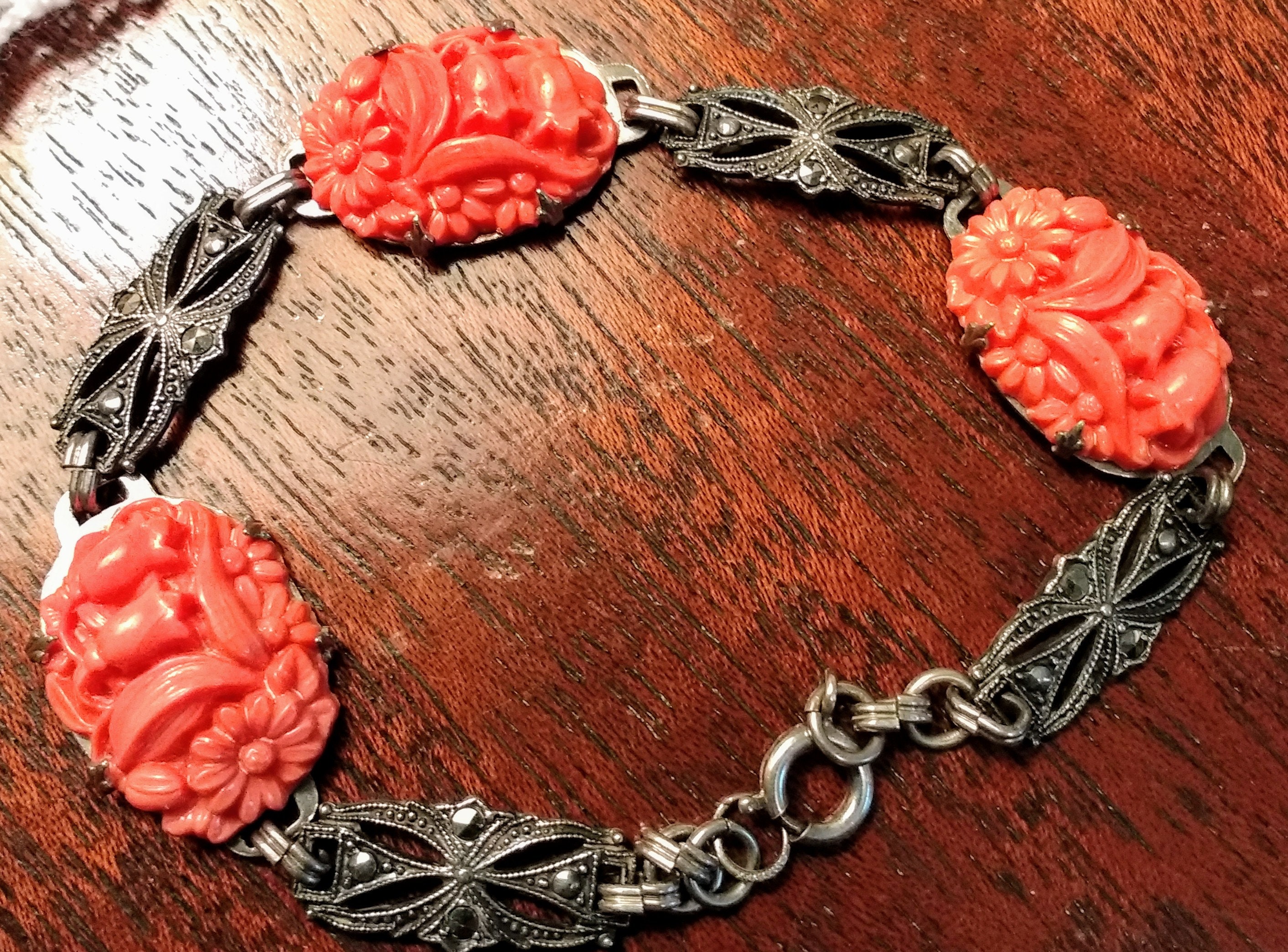 Vintage Art Deco Sterling Silver Bracelet: Faux Coral & Marcasite 