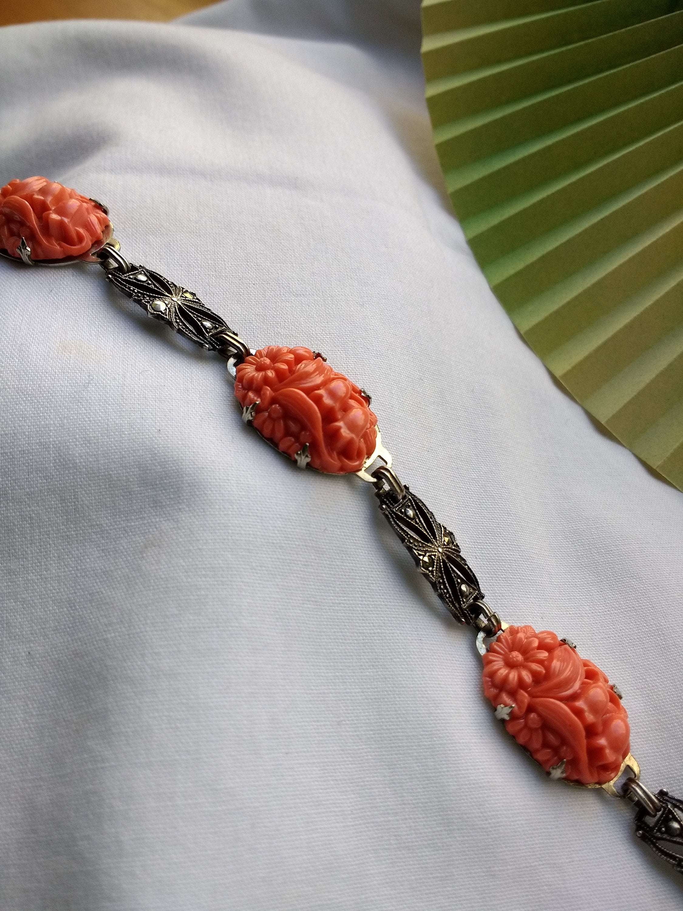 Vintage Art Deco Sterling Silver Bracelet: Faux Coral & Marcasite 