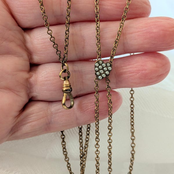 Antique Victorian/Edwardian Sliding Seed Pearl Heart on LongGuard Chain for Watch or Chatelaine