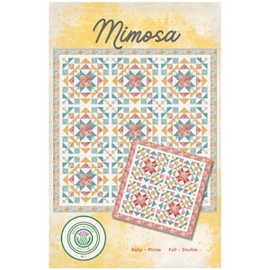 May include: A quilt pattern called "Mimosa" with a geometric design featuring a mix of red, yellow, blue, and white fabrics. The pattern is available in baby, throw, full, and double sizes. The pattern is from "Save the Thistle Quilts".