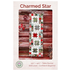 May include: A Charmed Star table runner pattern featuring a vertical arrangement of five star blocks on a white background, surrounded by a border of small multi-colored squares. The finished size is 14.5 inches by 44.5 inches for beginners.