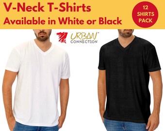 12 PACK Adult Men's V-Neck Short Sleeve T Shirt | Urban Connection | White or Black | SMALL - 6XL |