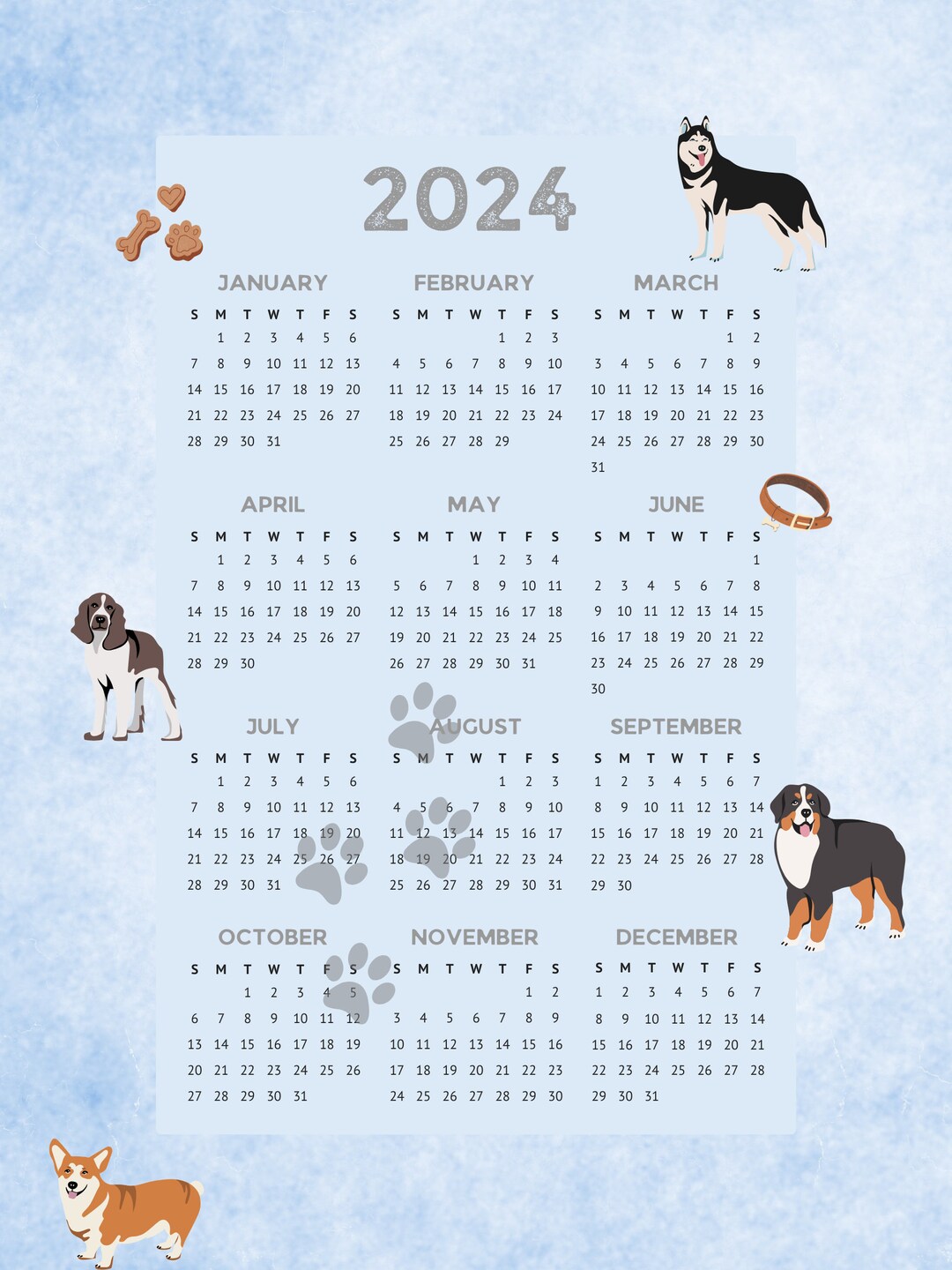 Cute Dog 2024 Calendar Adorable Doggy Digital Calendar Etsy UK