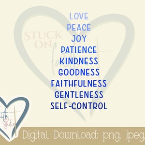 Liefde vrede vreugde geduld vriendelijkheid goedheid geloof - Digitale download, illustraties, stickers, notitiekaarten, prenten, Bible journaling - png, jpg, pdf