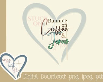 Corriendo con café y Jesús - Descarga digital, clip art, uso para calcomanías, tarjetas, impresiones, diario bíblico, - png, jpg, pdf
