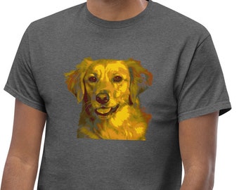 Könnte beinhalten: Ein dunkel-helles graues T-Shirt mit einer stilisierten Illustration eines Golden Retriever Hundes. Der Hund schaut den Betrachter direkt an und hat einen freundlichen Ausdruck.