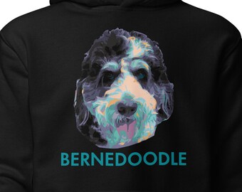Bernedoodle hund, svart unisex-hoodie, grafisk hoodie, hundföräldrapresent, popkonst-stil, blågrön och svart hoodie