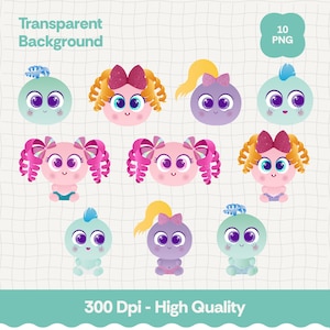 Pode incluir: Uma coleção de dez designs de personagens de desenhos animados com rostos redondos, olhos grandes e vários penteados, incluindo cabelo encaracolado, rabos de cavalo e laços. Os personagens são em tons de rosa, roxo e azul, com o texto "Transparent Background" e "300 Dpi - High Quality".