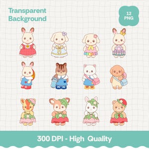 Può includere: Una collezione di dodici personaggi di animali dei cartoni animati, tra cui conigli, cani, un gatto, uno scoiattolo e un orso, ognuno con abiti colorati. L'immagine include il testo "Transparent Background", "12 PNG" e "300 DPI - High Quality".