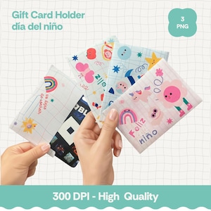 Puede incluir: Tarjeteros con diseños coloridos, incluyendo arcoíris, estrellas y personajes de dibujos animados. El texto "Feliz niño" es visible en uno de ellos. La imagen también incluye el texto "Gift Card Holder día del niño" y "3 PNG".