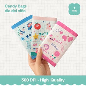 May include: Three colorful candy bags with the text "Feliz día del niño" and various illustrations. The bags have blue, pink, and white backgrounds with images of a car, a star, a unicorn, a butterfly, and a rainbow. The words "Candy Bags día del niño" are at the top.