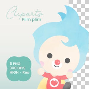 Puede incluir: Una ilustración de dibujos animados de un payaso con cabello azul, una nariz roja y una camisa roja con un corazón. El payaso sonríe y tiene una expresión feliz. El fondo es un degradado azul claro.