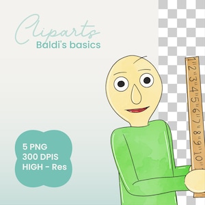 May include: A cartoon illustration of Baldi from the game Baldi's Basics in Education and Learning. He is holding a wooden ruler with the numbers 1 through 10 marked on it. The background is a checkered pattern.