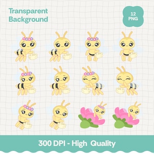 Peut inclure: Plusieurs illustrations d'abeilles de dessin animé. Les abeilles sont jaunes avec des rayures noires, portent des paniers et des couronnes de fleurs. Le texte « Transparent Background », « 12 PNG » et « 300 DPI - High Quality » est inclus.