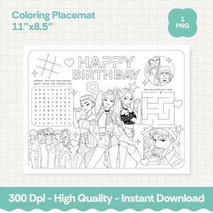 Party Placemat | Party Activity Sheet | Huntrix Kpop | Kids Activity Coloring Page | Hunter | Kpop | Demon | Party Printable Sheet