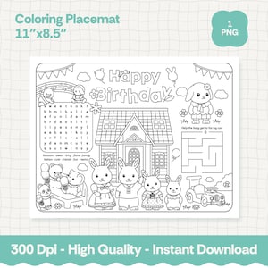 Calico Critter Party Placemat | Party Activity Sheet | Ternurines | Activity Coloring Page | Sylvanian Families |  Party Printable Sheet