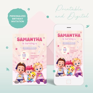 Bebefinn digital invitation personalized | Babyfinn| baby finn | Baby Finn | printable | birthday invitation card | one yea | pink girl
