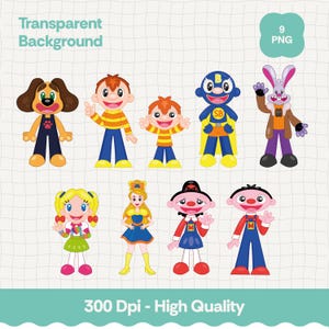 Puede incluir: Una colección de nueve personajes de dibujos animados, incluyendo un perro, un niño con una camisa a rayas, un superhéroe y un conejo. Los personajes están en varios atuendos y poses. La imagen incluye el texto "Transparent Background" y "300 Dpi - High Quality".