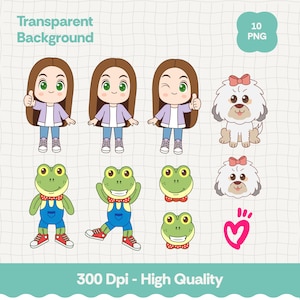 Könnte beinhalten: Eine Sammlung von Cartoon-Illustrationen mit einem Mädchen, einem Hund und Fröschen. Das Mädchen trägt eine lila Jacke, ein weißes Hemd, blaue Jeans und Turnschuhe. Der Hund ist weiß mit einer rosa Schleife. Die Frösche sind grün mit roten Fliegen und blauen Latzhosen. Der Text "Transparent Background" und "300 Dpi - High Quality" ist enthalten.