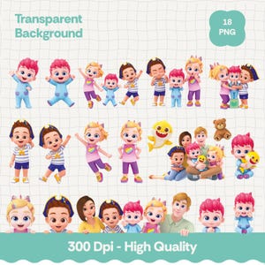 Puede incluir: Una colección de imágenes PNG de personajes de dibujos animados coloridos. Los personajes incluyen niños, un tiburón y un oso de peluche. La imagen también contiene el texto "Transparent Background", "18 PNG" y "300 Dpi - High Quality".